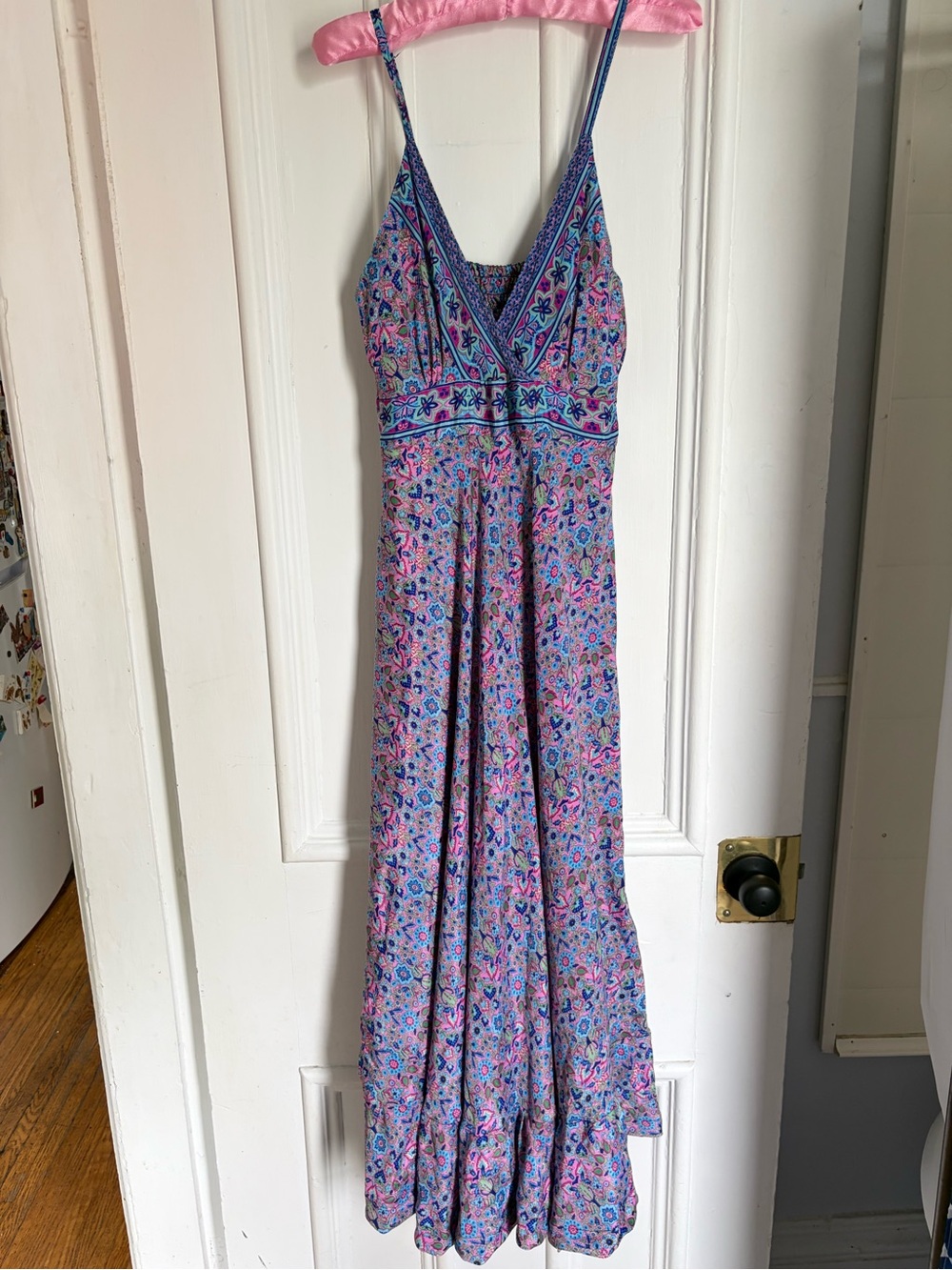 Vintage Flowy Boho Floral Paisley Maxi Dress in Pink and Blue